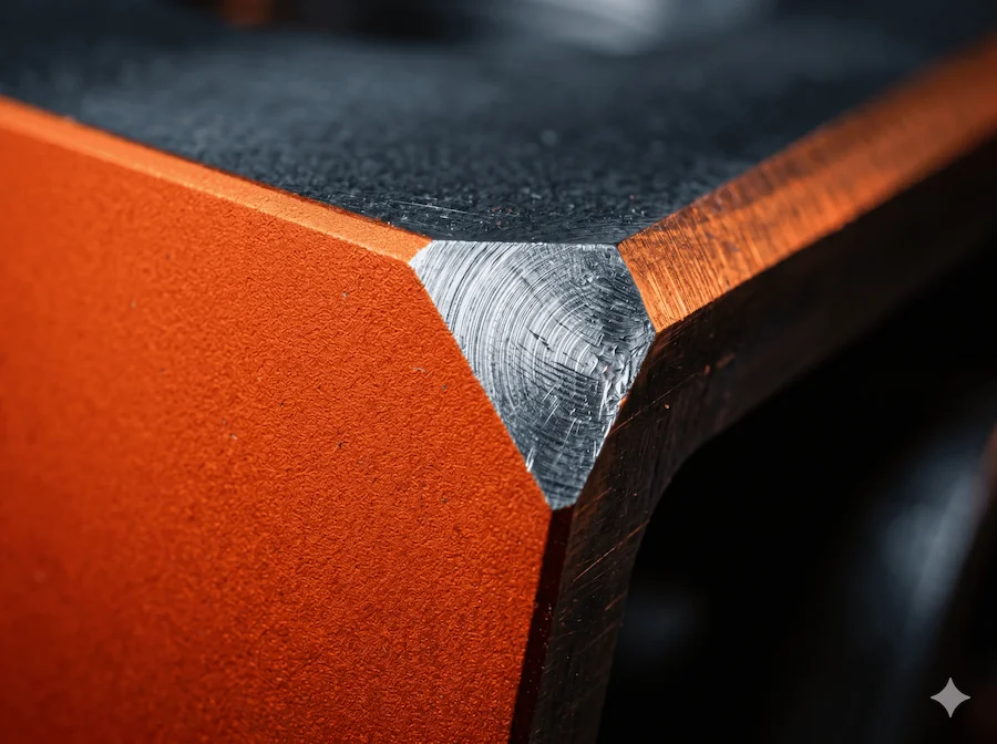 Detailaufnahme einer orange eloxierten und gefrästen Aluminium-Oberfläche